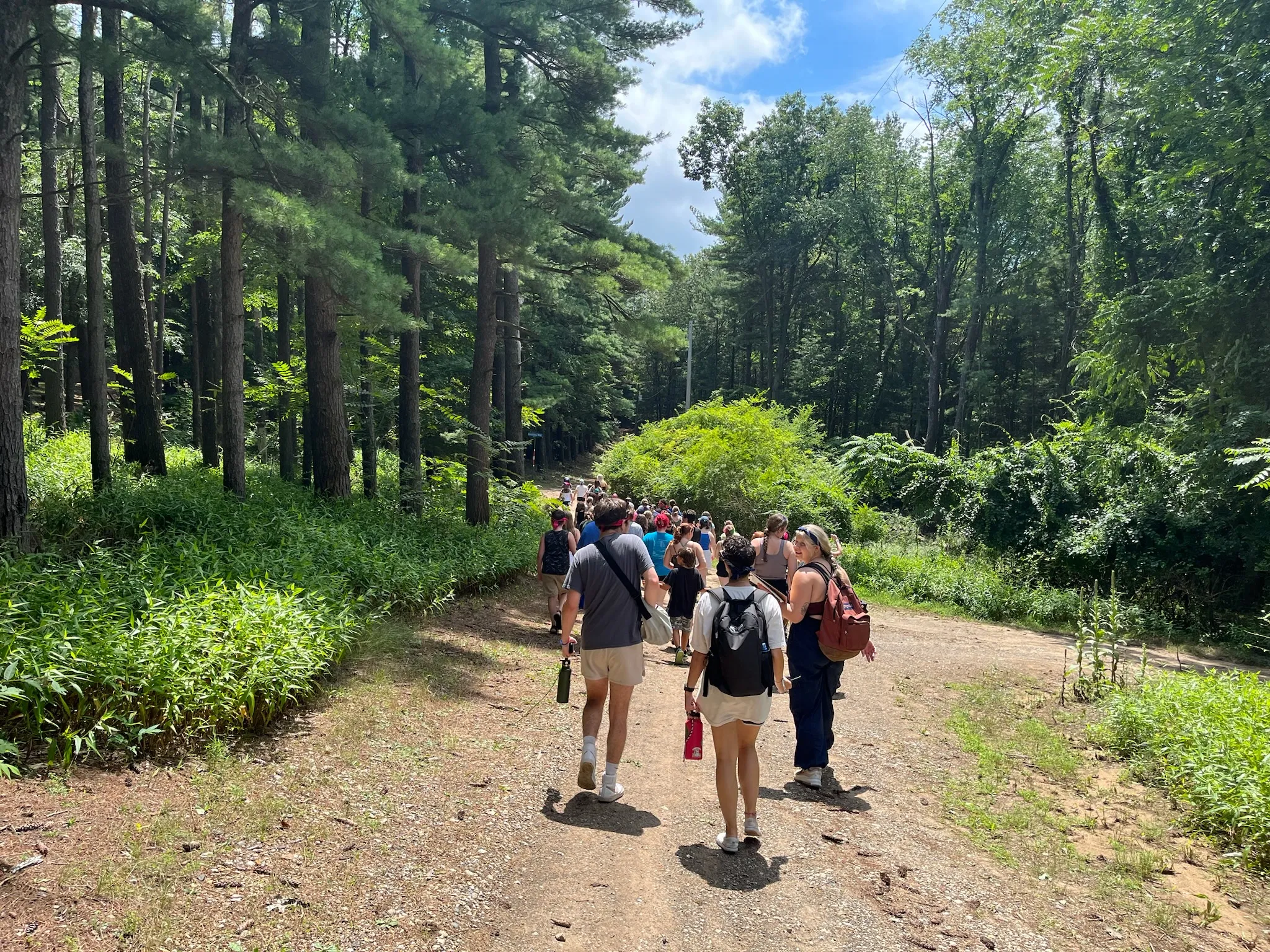 Campers hiking down a wooded trail toward the beach